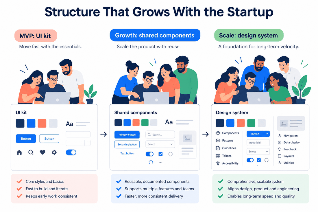Startup design maturity ladder moving from MVP UI kit to shared components and then a governed design system.