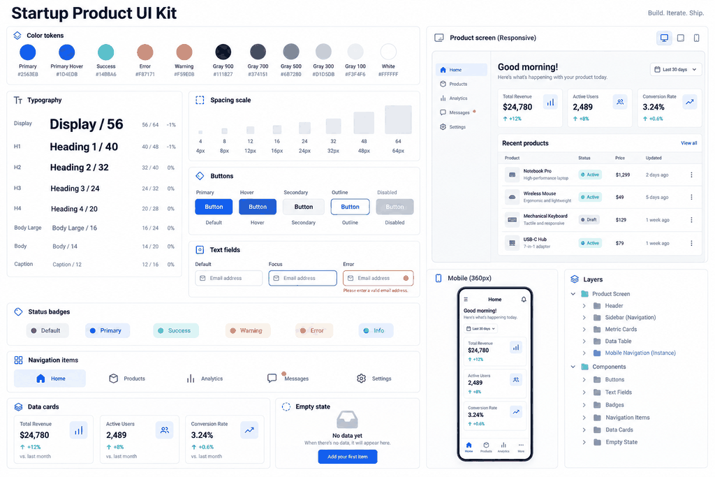 Startup product UI kit showing color tokens, typography, spacing, buttons, text-field states, badges, navigation, data cards, empty state, responsive screens, and layers.