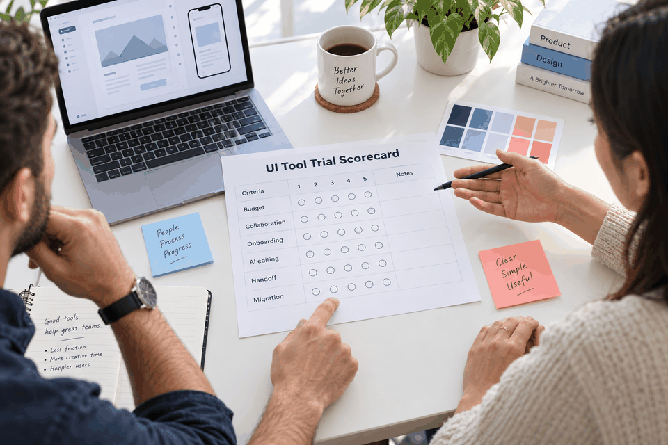 Startup team evaluating UI design tools with a trial scorecard covering budget, collaboration, onboarding, AI editing, handoff, and migration.