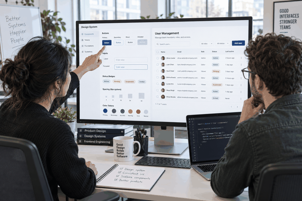Product designer and frontend engineer reviewing an enterprise user-management screen alongside reusable components, states, spacing values, and color tokens.