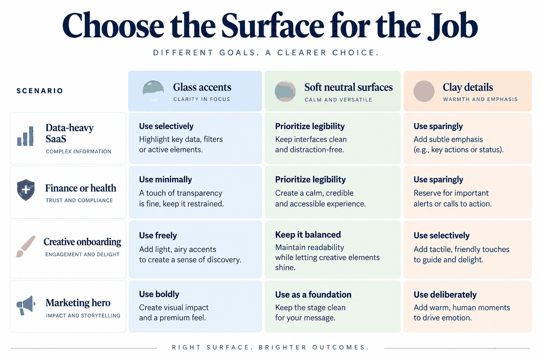 Scenario matrix matching data-heavy, finance and health, creative onboarding and marketing contexts with restrained surface-style guidance.