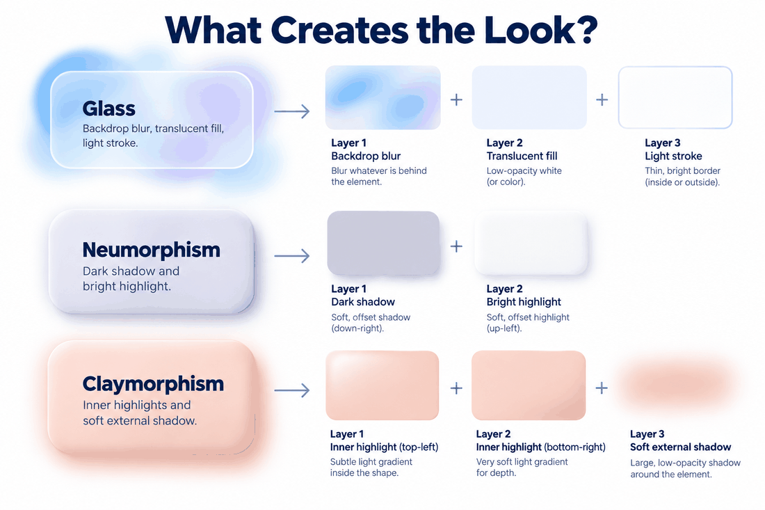 Layer anatomy diagram explaining the blur and stroke of glass, dual shadows of neumorphism and inner highlights of claymorphism.