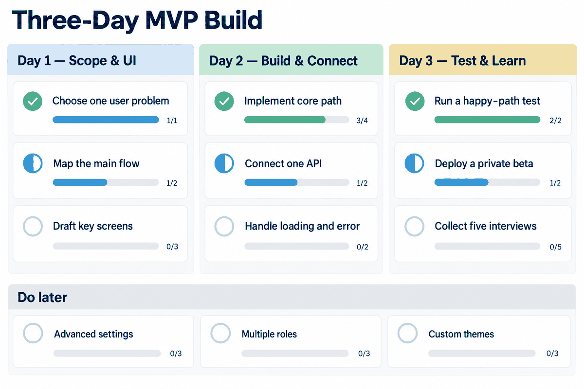 Three-day MVP kanban covering scope and UI, core-path implementation, testing, private beta release, and deferred features.