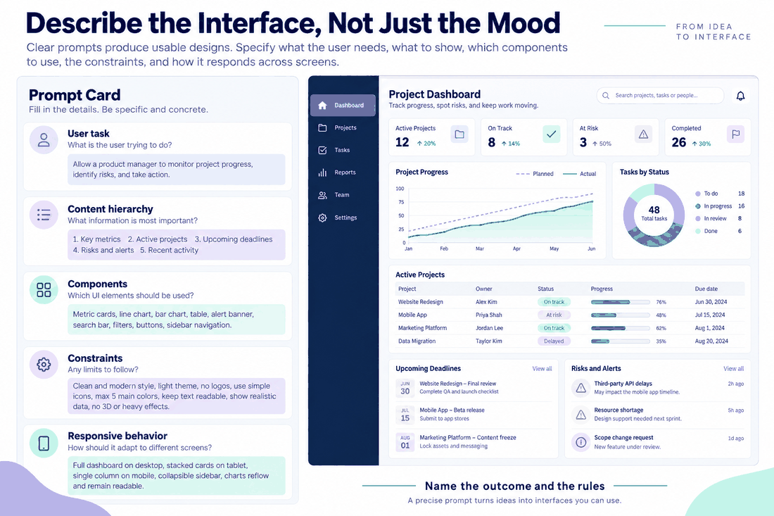 UI prompt guide specifying user task, content hierarchy, components, constraints and responsive behavior beside a generated dashboard draft.