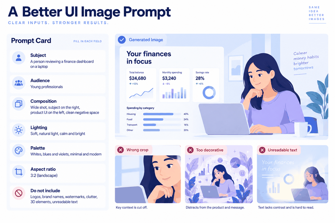 UI image prompt anatomy board specifying subject, audience, composition, lighting, palette, aspect ratio and exclusions beside a finance dashboard illustration and rejected variants.