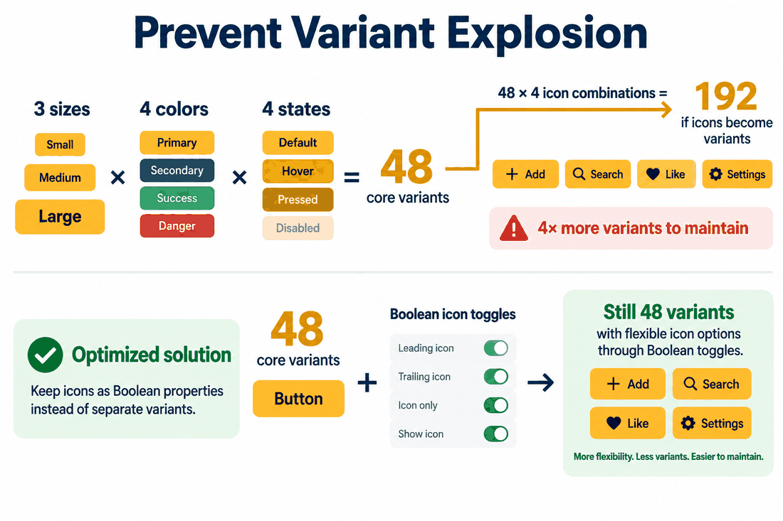 Variant explosion calculation comparing 192 icon combinations with an optimized set of 48 core variants plus Boolean icon toggles.