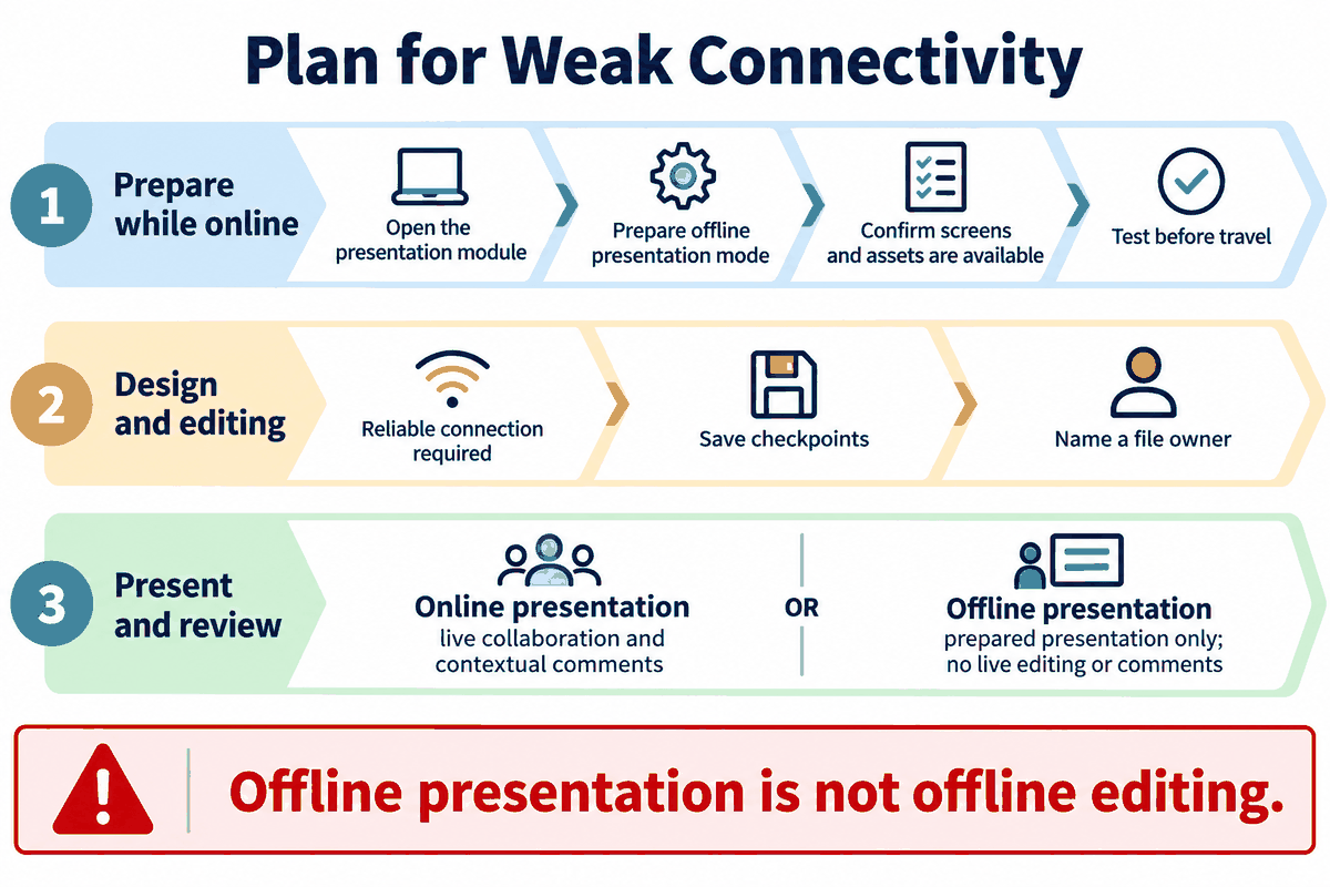 Weak-connectivity plan separating online preparation, connected design and editing, online collaborative presentation, and a prepared offline presentation without live editing or comments.