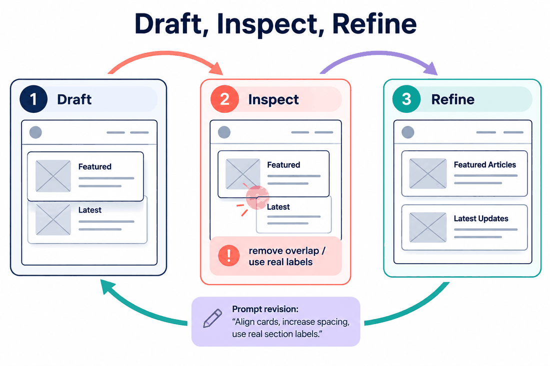 Wireframe iteration loop showing a first draft, highlighted issue, natural-language refinement and improved editable result.