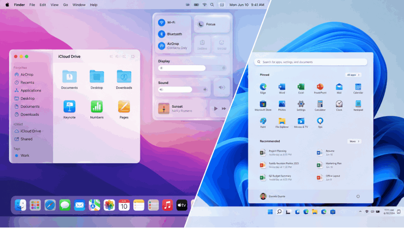 macOSやWindowsなど主要OSに採用されたグラスモーフィズムの画面イメージ