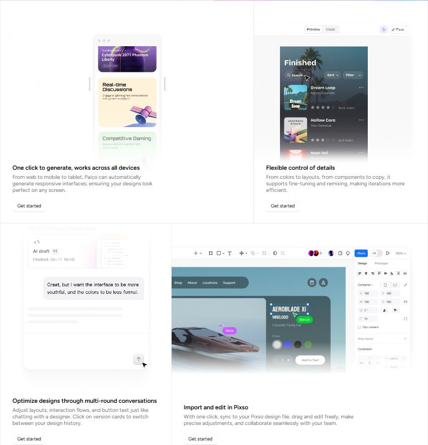 Pixso feature examples for community resources, components, AI design and file import