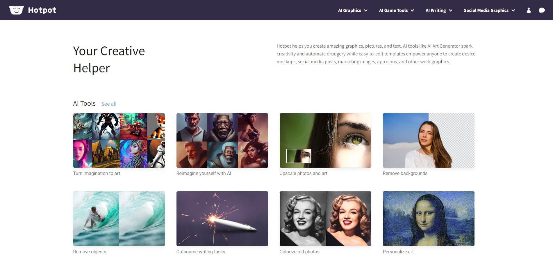 Hotpot AI page showing image-generation and editing tools