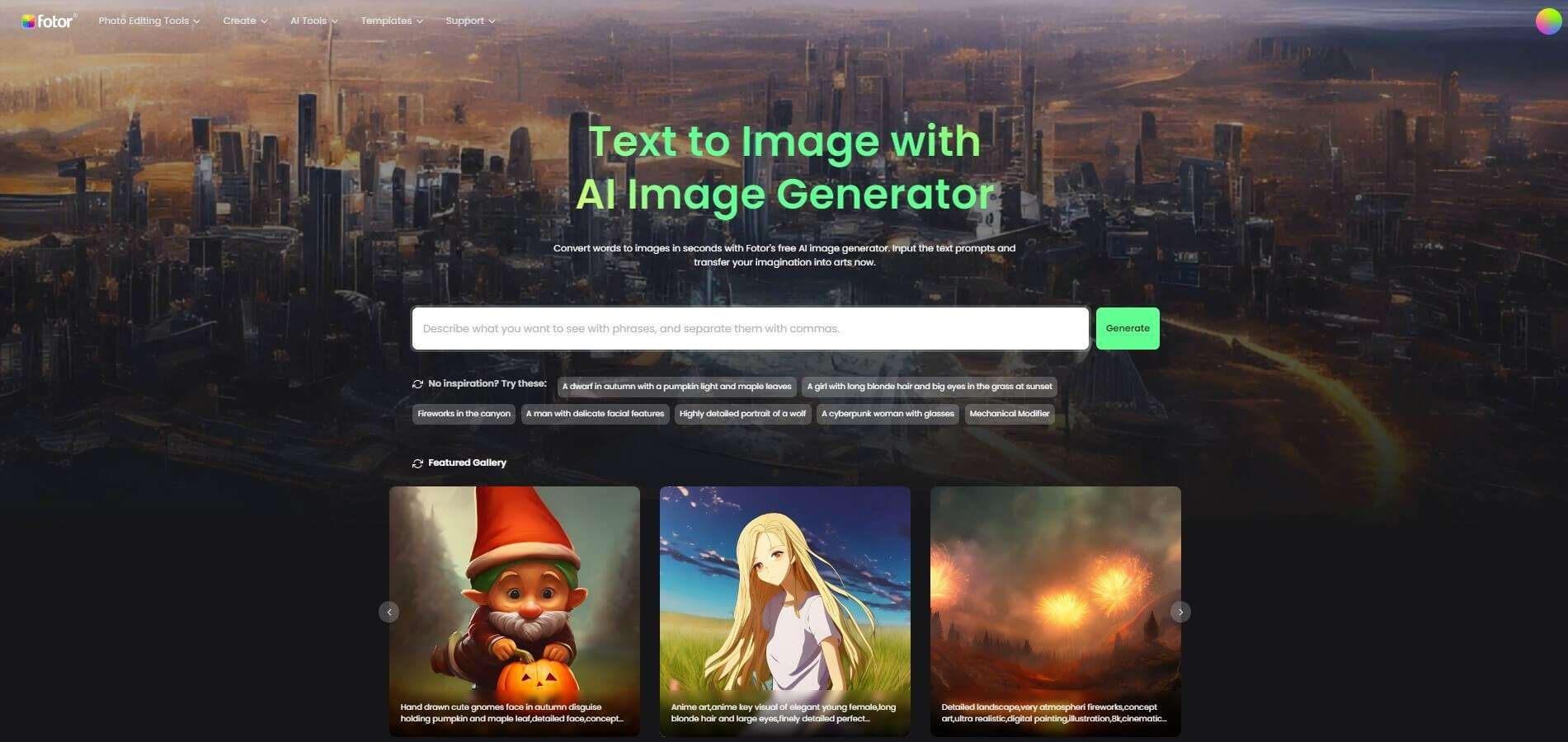 Fotor AI image-generator page with sample images