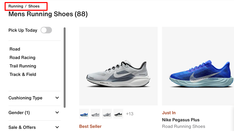 Навигация каталога Nike