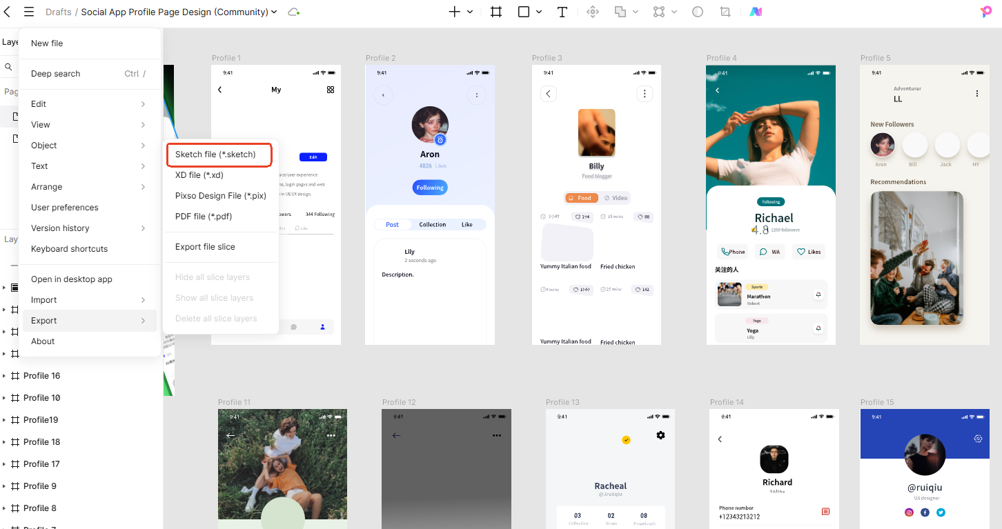 Sketch file export option in the Pixso file menu