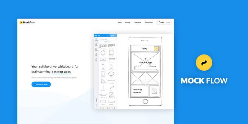 Главная страница MockFlow с примером каркаса мобильного интерфейса