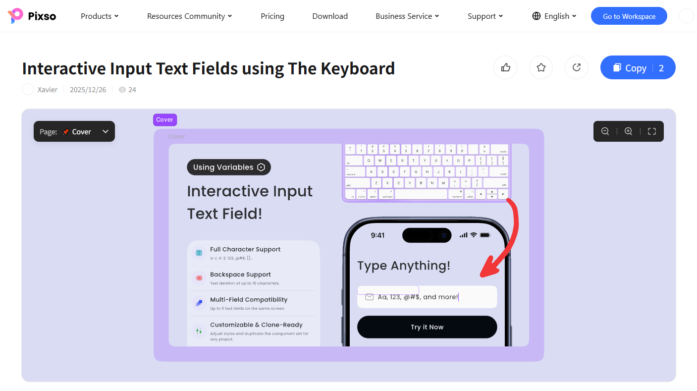 Pixso Community preview of interactive input fields controlled with the keyboard