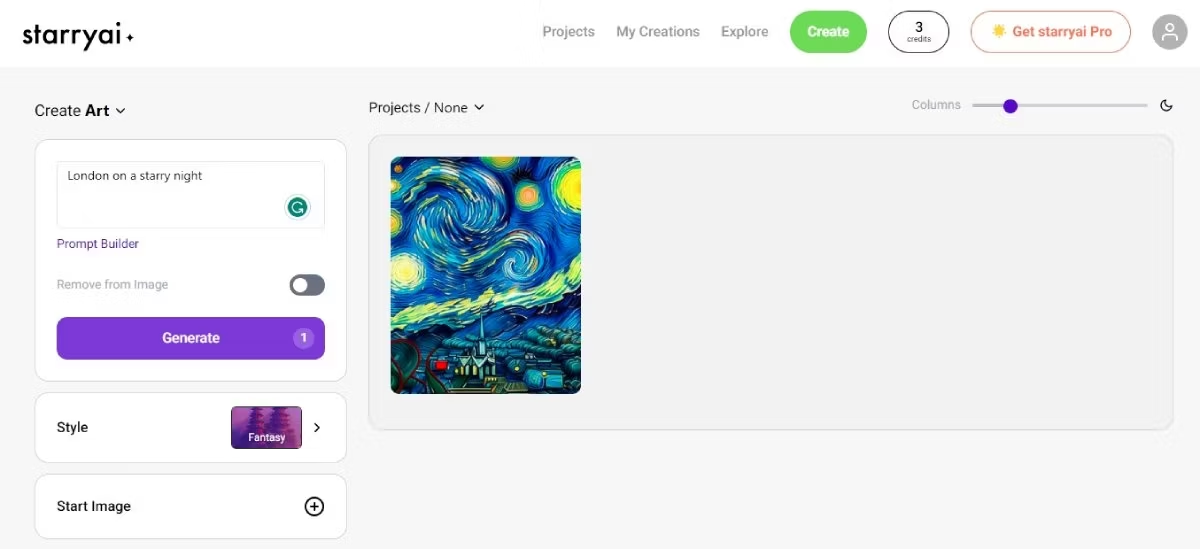 StarryAI prompt and style controls with a generated image