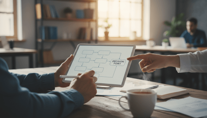 タブレット上のフロー図を見ながら設計を相談する様子