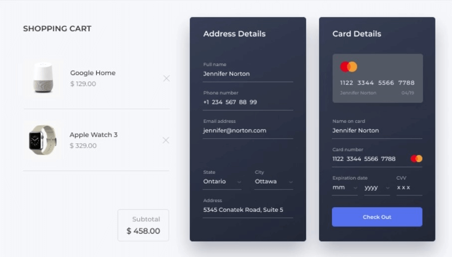 Cart concept showing items, shipping address, and payment details together