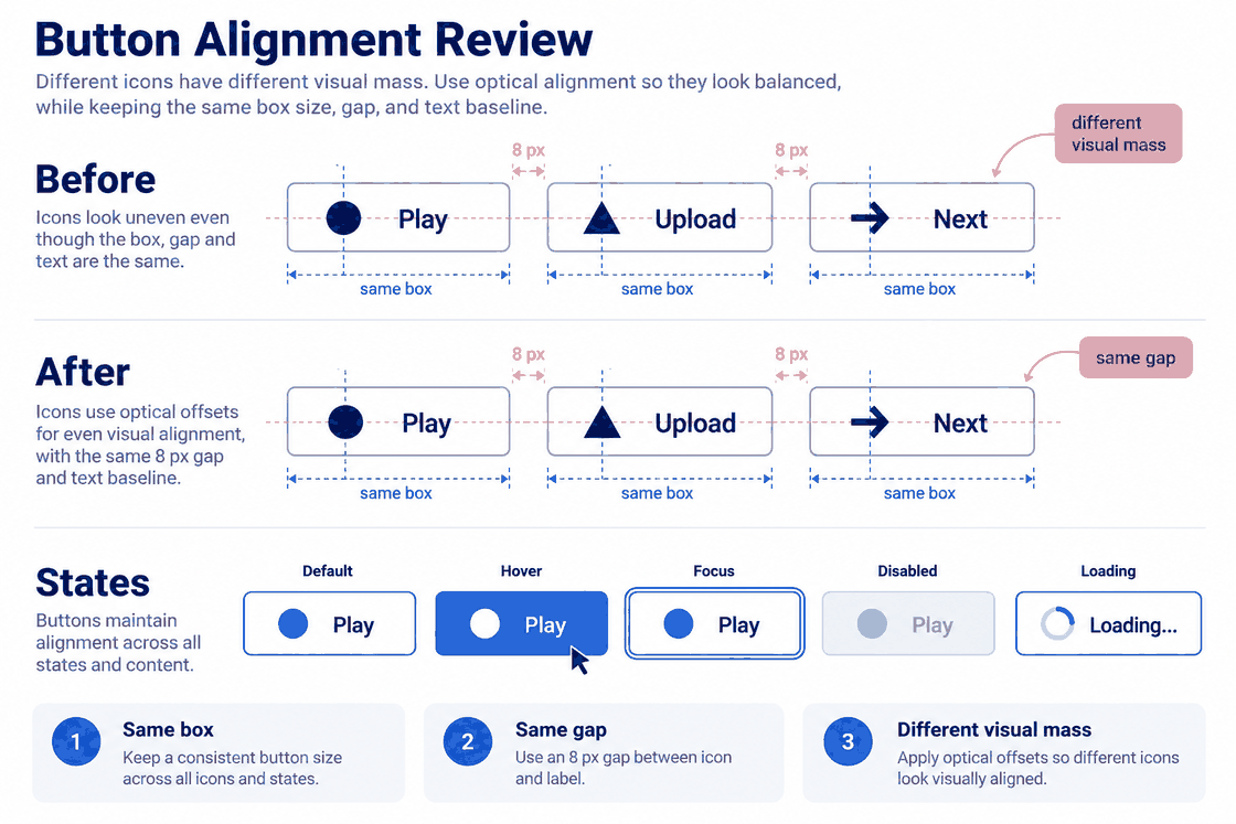 Icon and label alignment compared across button states with a consistent outer layout