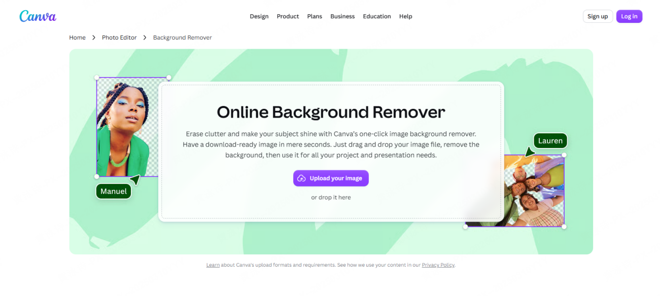 Canva's online background remover landing page