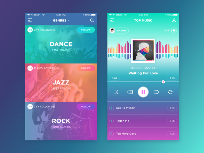 Music interface with blue, violet and teal gradients