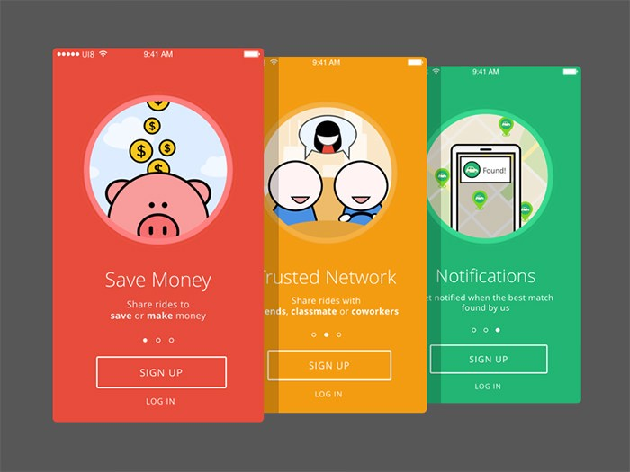 Onboarding screens with colorful feature illustrations