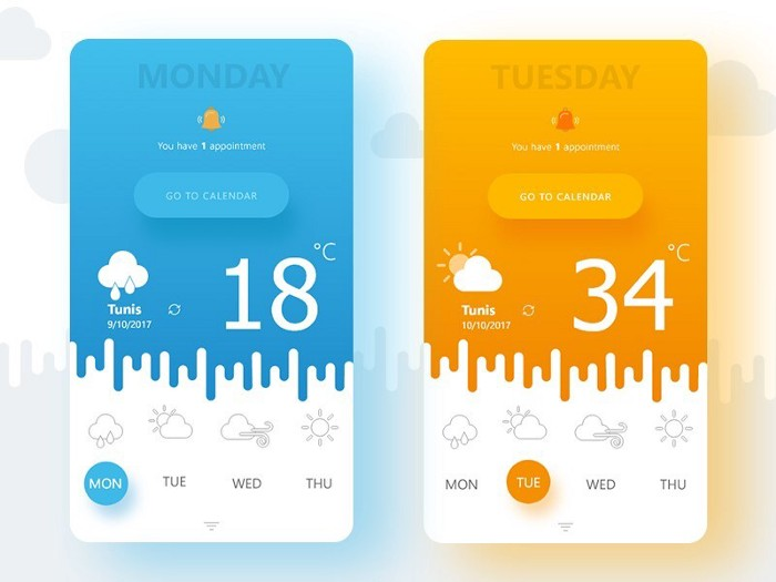 Blue rainy-weather screen beside a yellow sunny-weather screen