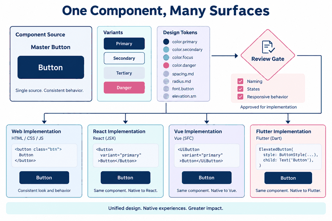 Component mapping diagram connecting a master button’s variants and tokens to web, React, Vue and Flutter implementation cards.