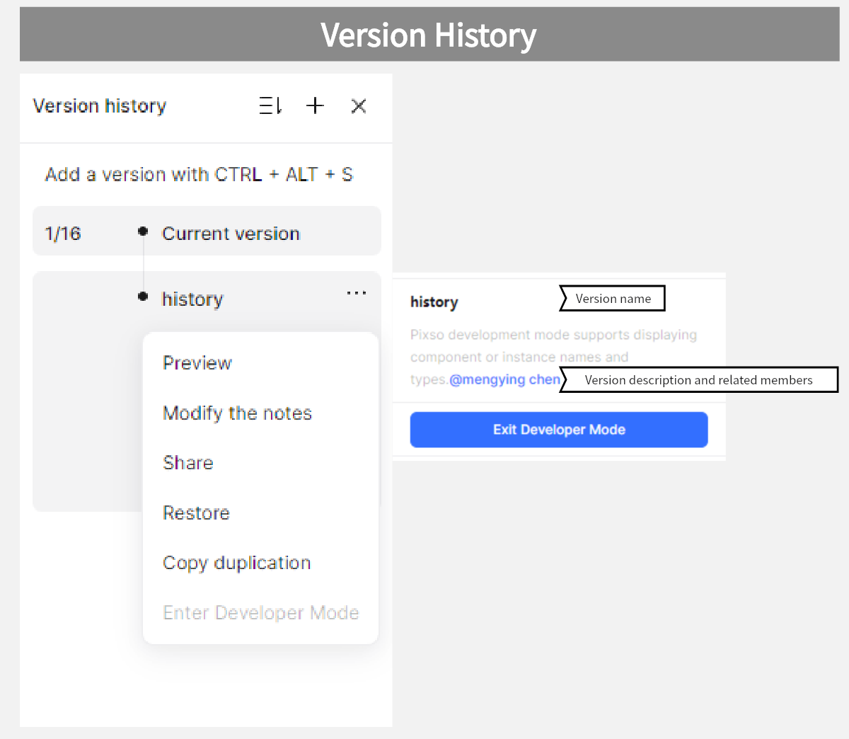 Pixso version history view for reviewing earlier design states before handoff