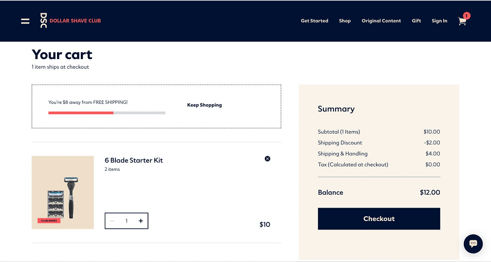 Dollar Shave Club cart with a kit row and separate cost summary