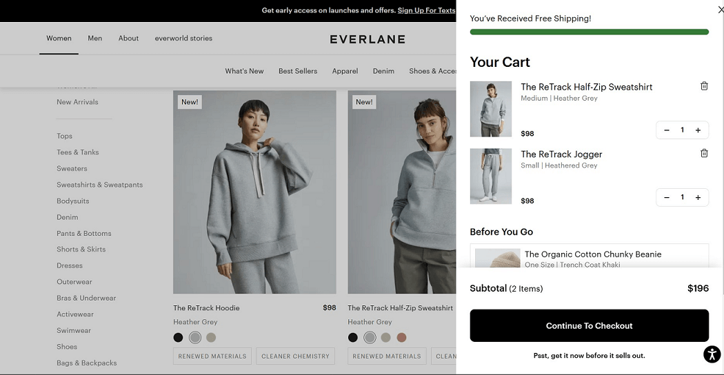 Everlane cart drawer beside the product catalog