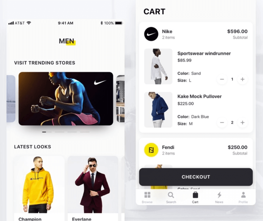 Fashion-app cart with item rows and a checkout action at the bottom