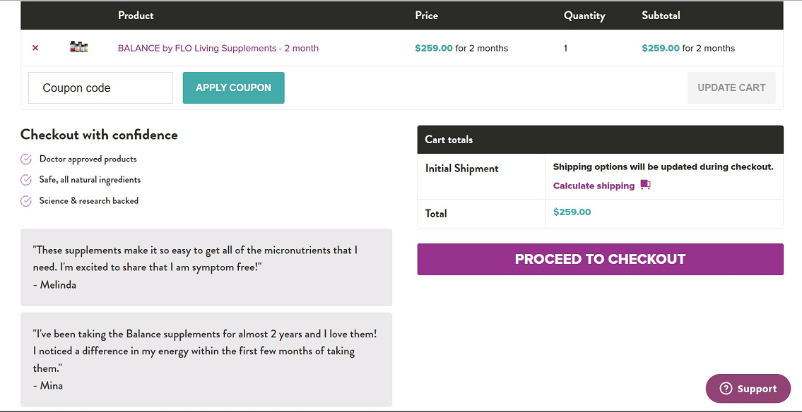 Flo Living cart with a cost summary and checkout reassurance area