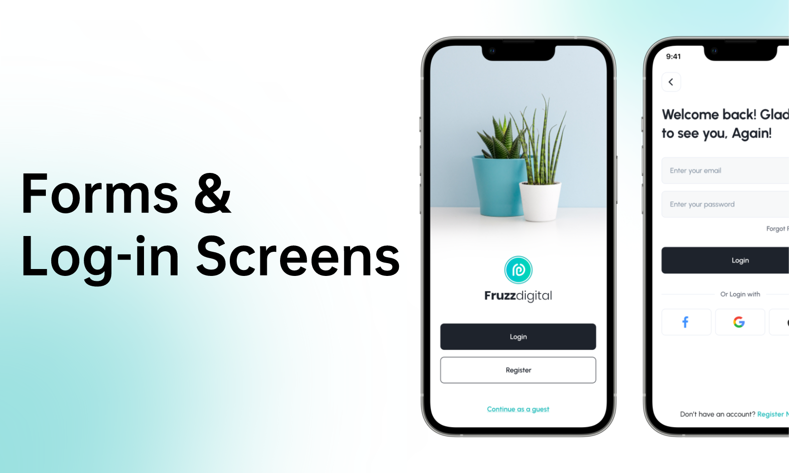 Mobile sign-in screens with email fields, password entry and account actions
