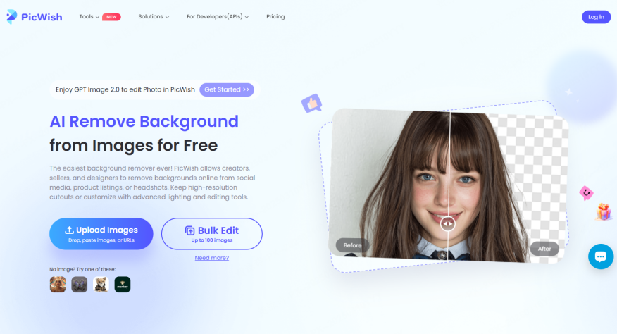 PicWish background remover page with a portrait before and after background removal