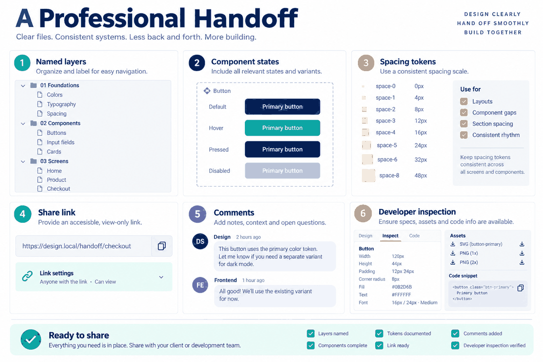 Freelance handoff checklist covering named layers, component states, spacing tokens, share links, comments and developer inspection.