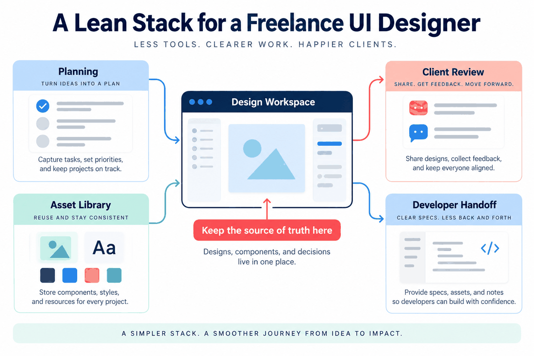 Lean freelance UI design stack connecting one core design workspace to planning, client review, asset reuse and developer handoff.