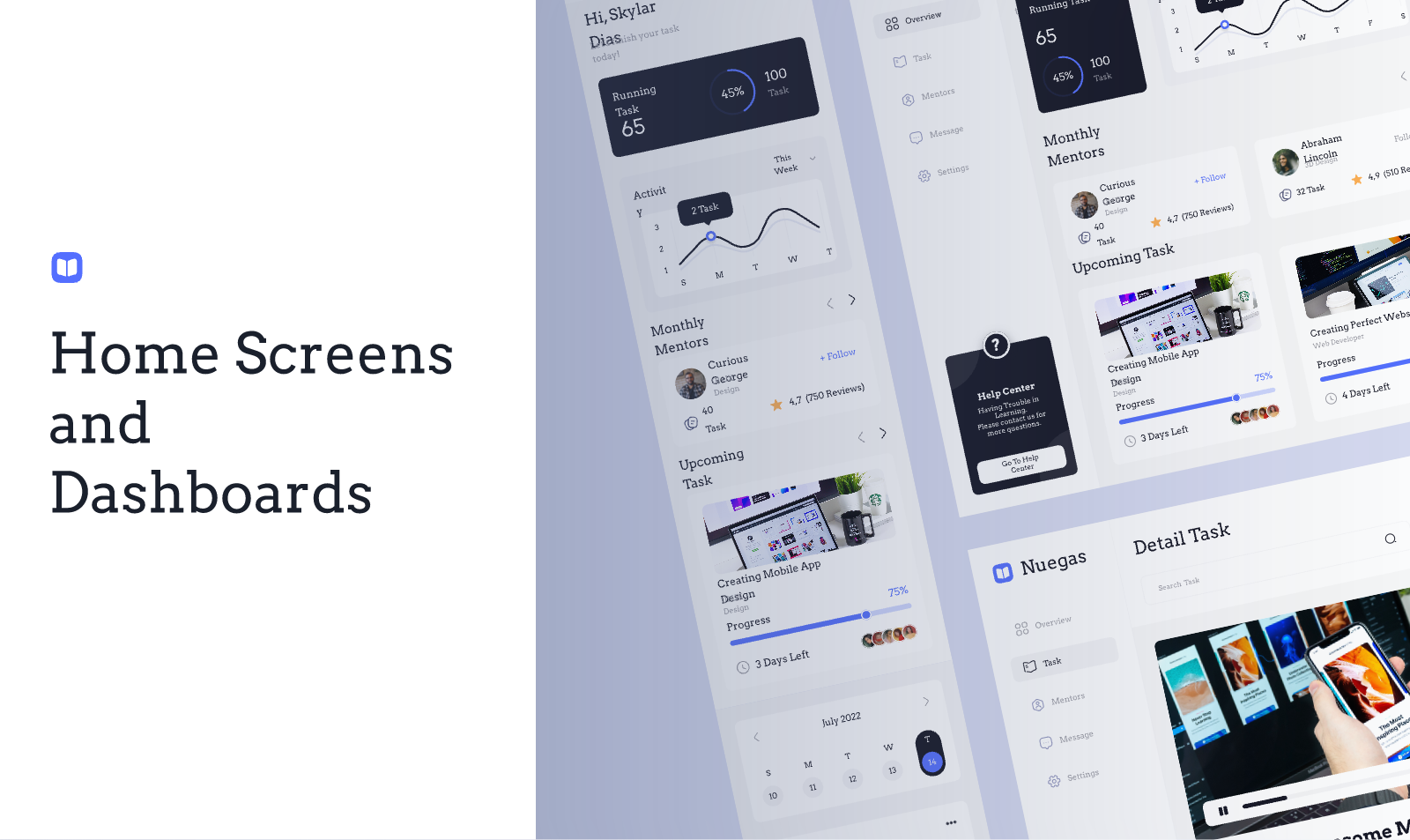 Mobile home screens and dashboard layouts with grouped cards and navigation