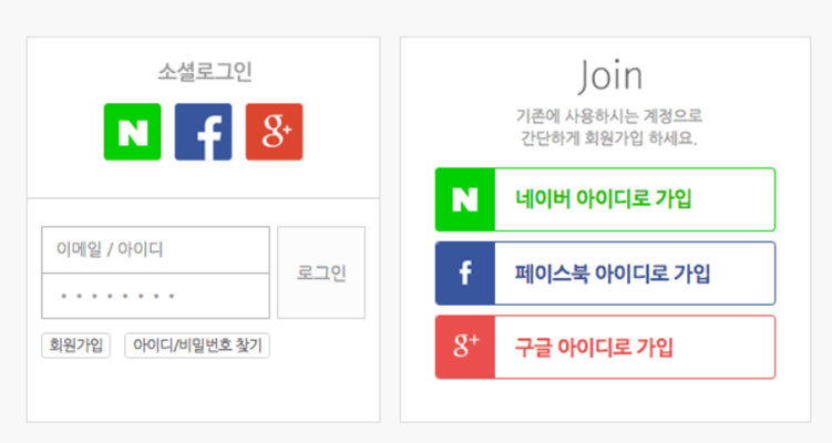 소셜 계정 아이콘과 네이버·Facebook·Google 계정 가입 버튼을 나란히 보여 주는 예전 로그인 예시