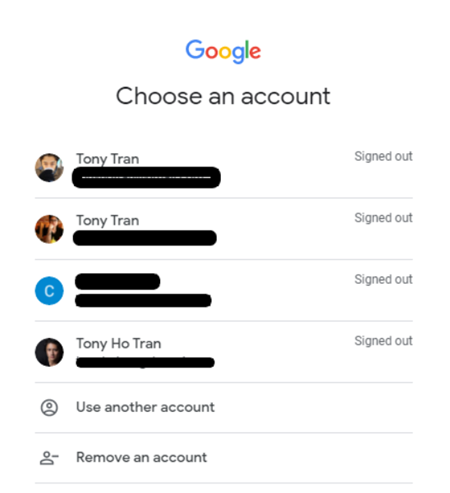 로그아웃 상태가 표시된 Google 계정 선택 화면