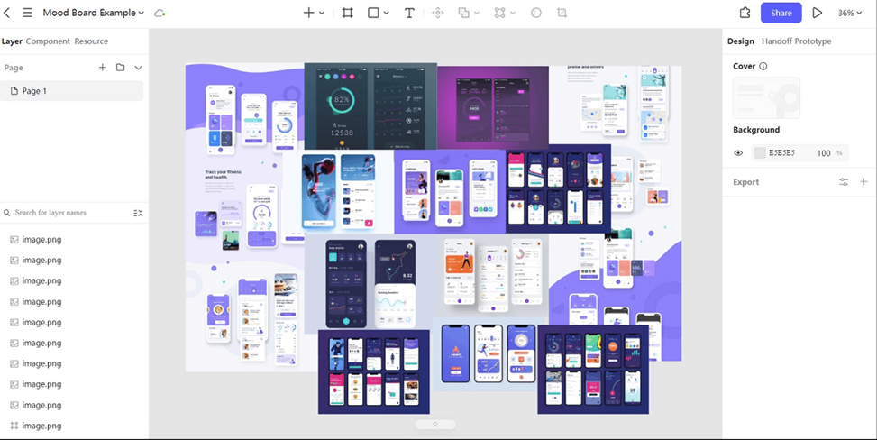 Existing Pixso board containing multiple mobile interface references before curation