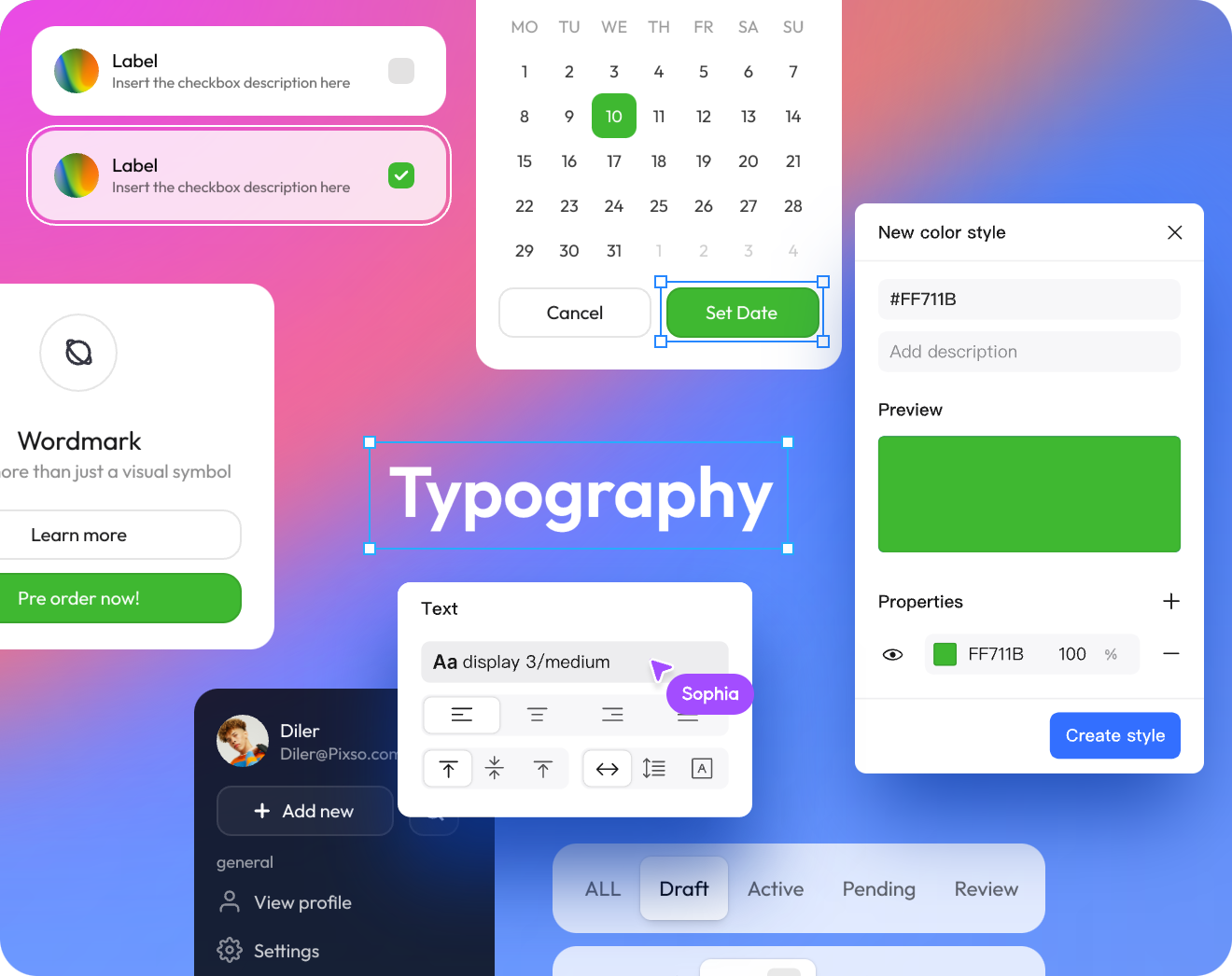 Настройка цветов и текстовых стилей в Pixso