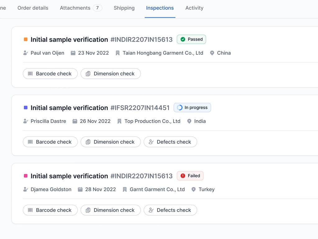 Inspection list with text status labels and outlined inspection-type labels