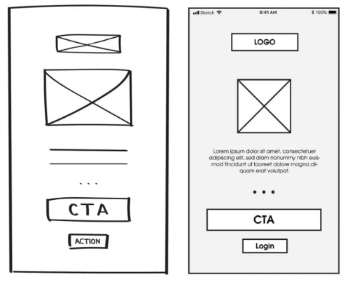 Low-fidelity wireframes showing interface structure