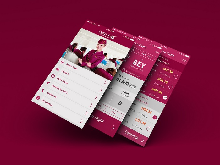 Travel screens with a dominant red palette and neutral surfaces