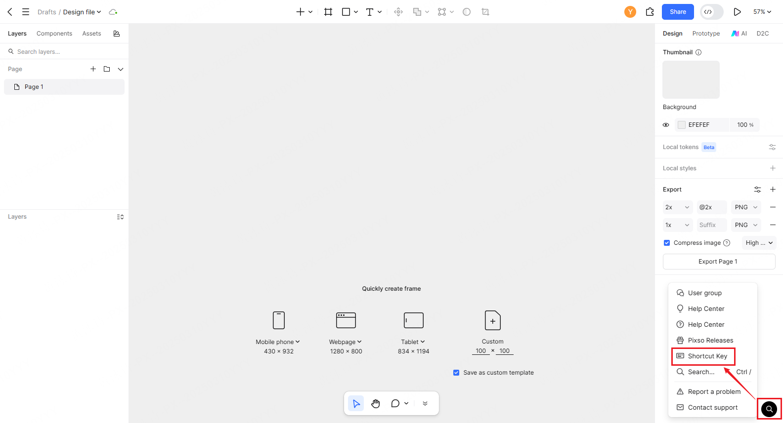 Shortcut Key command highlighted in the Pixso help menu