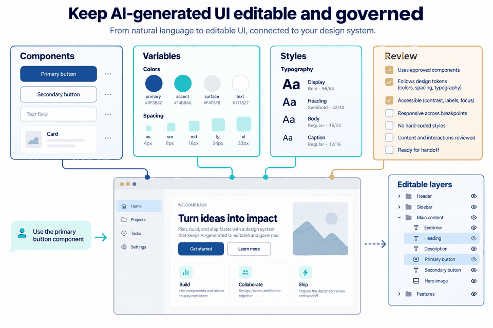 Editable AI-generated UI connected to reusable components, color and spacing variables, typography styles, a review checklist, and named layers.