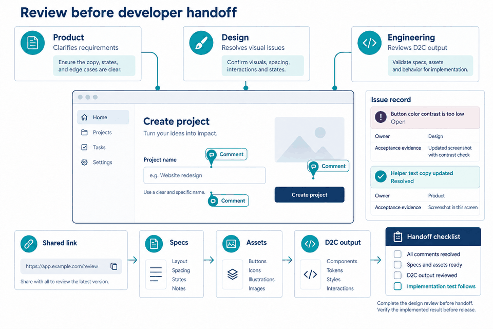 Product, design, and engineering reviewing a shared screen with comments, issue ownership, acceptance evidence, specifications, assets, D2C output, and a handoff checklist.