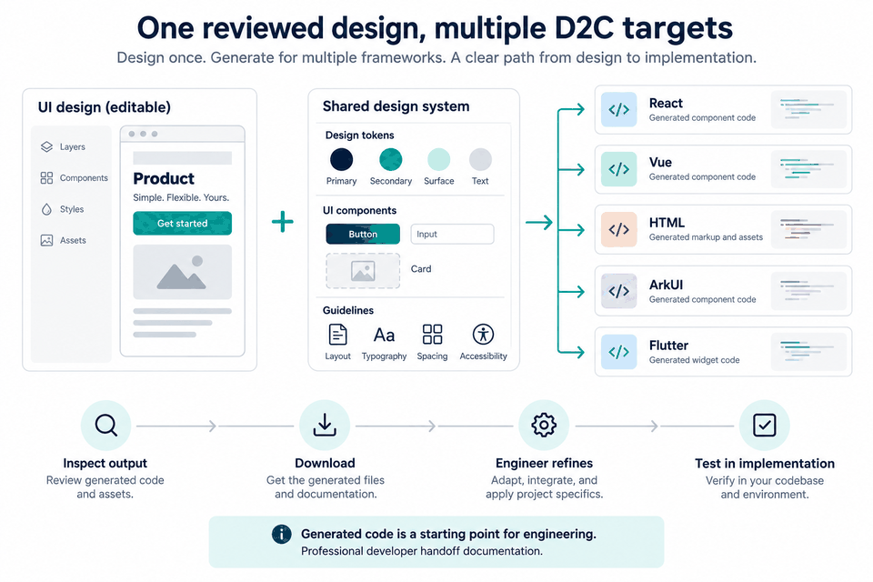 Editable UI design and shared design system producing React, Vue, HTML, ArkUI, and Flutter D2C outputs followed by engineering refinement and implementation testing.
